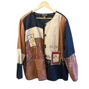 Vintage Alex Kim Patchwork Artsy Button Up  Size 2X Bohemian Embroidered 1990s